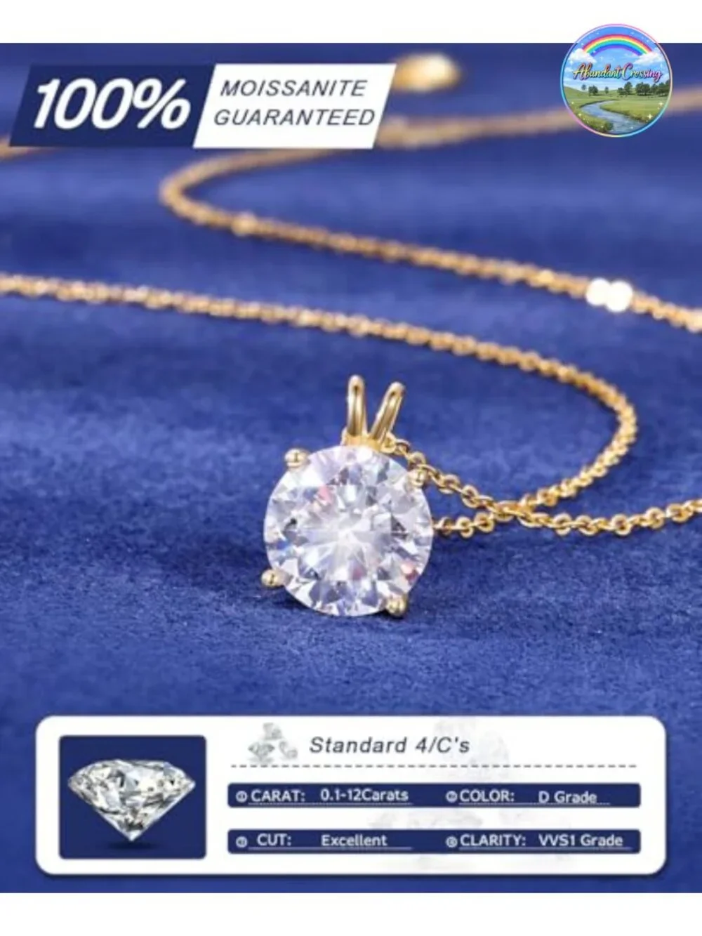 18K Gold Plated Solitaire Moissanite Pendant Necklace 925 Sterling Silver